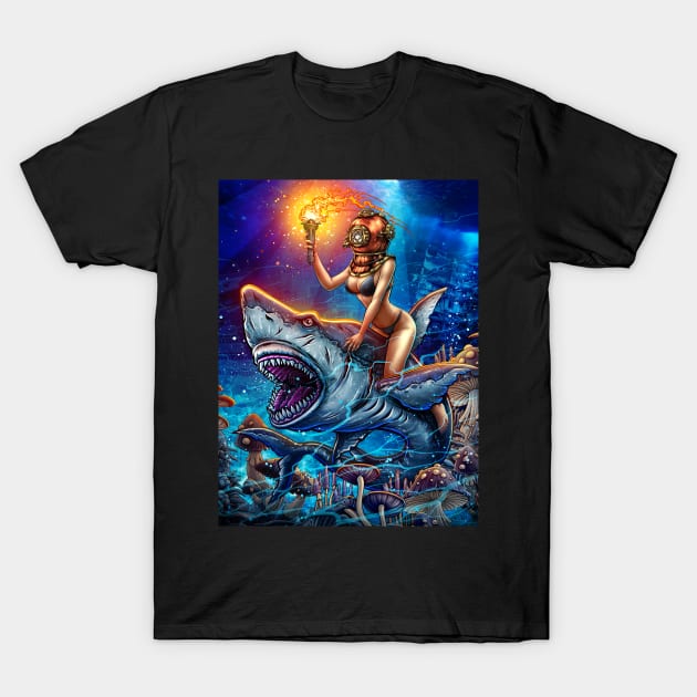 Diver girl retro and angry shark T-Shirt by Winya